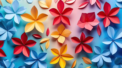 Background with geometric paper flowers in primary colors symmetrically arranged