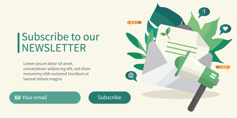 Illustration of a newsletter subscription form featuring an envelope with a letter and a megaphone. Includes email input and subscribe button. Green newsletter. Eco-friendly news. News concept