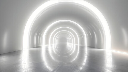 White background 3D room light abstract space technology tunnel stage floor. Empty white future 3D neon background studio futuristic corridor render modern interior silver road black wall design gray