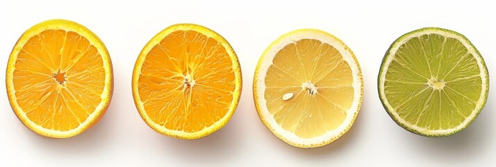 Fototapeta premium Four citrus fruit slices, an orange, a second orange, a lemon, and a lime, are arranged in a row on a white background