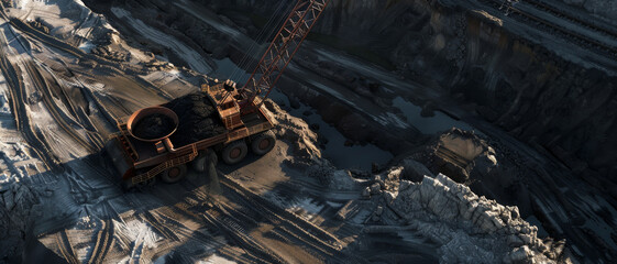 A large industrial mining truck amidst a vast, rugged mining landscape under the shadowy sunlight, showcasing the grit and scale of heavy machinery in action.