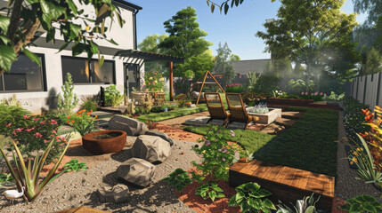 Illustrate homes and outdoor areas designed with pets in mind, featuring pet-friendly furniture, secure gardens, and safe play areas.