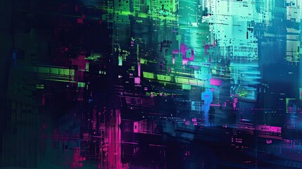 Abstract pixelated distortions and neon glitches vibrant digital backdrop