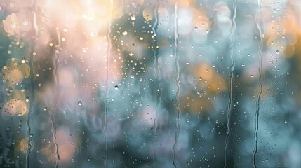 Misty raindrops on windowpane refracting soft morning light tranquil background