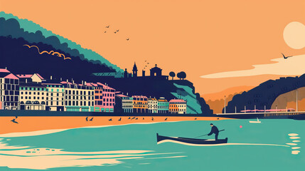 Naklejka premium Risograph halftone riso print travel poster, card, wallpaper or banner illustration, modern, isolated, clear, simple of San Sebastián, Spain. Artistic, screen printing, stencil