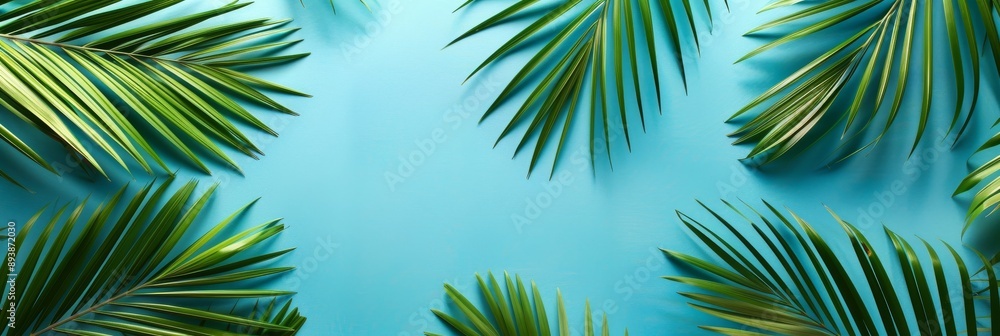 Poster a flat lay image featuring palm leaves arranged on a blue background creating a summery composition 