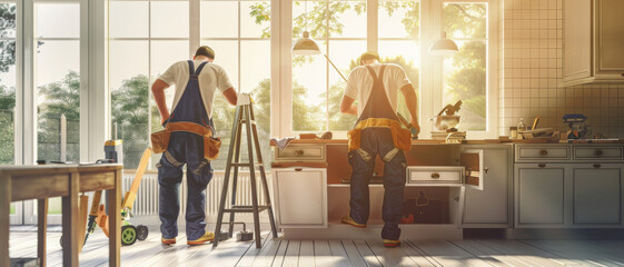 Fototapeta premium Two workers in denim overalls and white tees, fixing a kitchen area bathed in warm sunlight, with tools and cabinets around, suggesting a renovation project.