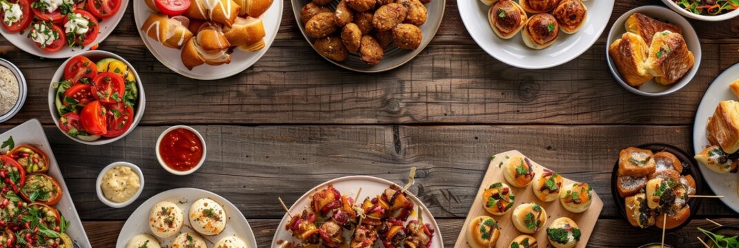 An overhead view of a wooden table filled with a variety of appetizers and hors d'oeuvres, ready for a party