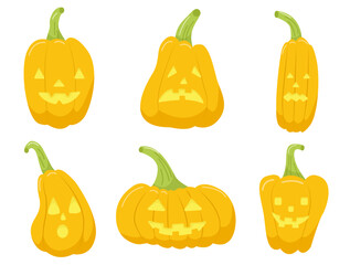 Set of pumpkins on white background. Orange pumpkins with smile for your design for the holiday Halloween.