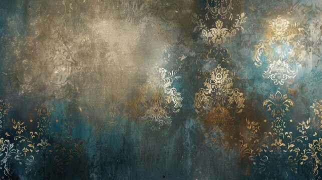 Fototapeta Vintage-inspired wallpaper with deep colors damask patterns and glowing light