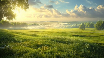 Obraz premium a serene and beautiful landscape of a foggy countryside, with a field of green grass and a tree-lined horizon, bathed in the warm sunlight of a summer morning