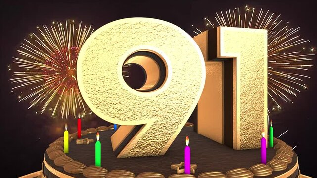 91st birthday chocolate cake animation 3d render in chocolate gold with confetti and balloon background. 4k