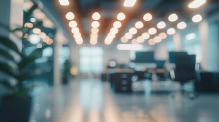 Blurred empty open space office. Abstract light bokeh at office interior background for design.