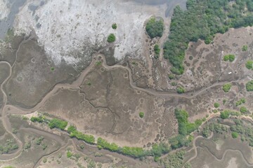 Amazing scenic grass landscape environment climate of river flow green field drone aerial top view