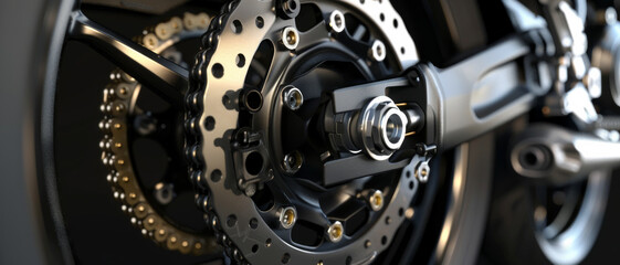 Obraz premium A close-up view of a motorcycle wheel, showcasing its intricate metallic components and the detailed design of the braking system.