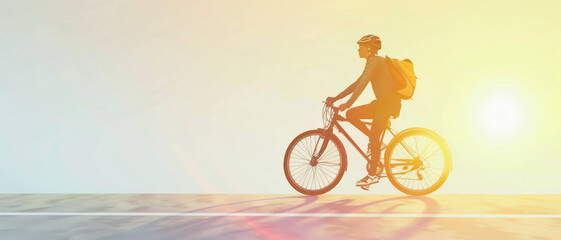 Obraz premium A solo cyclist rides along a sunlit road with a backpack, enjoying a peaceful journey during sunset.