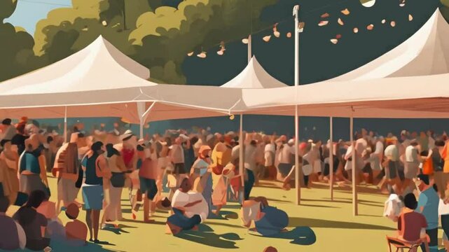 A dramatic scene of an outdoor event (concert, sports game) interrupted by a heatwave, with attendees seeking shade and help