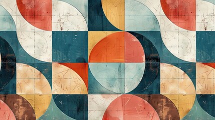 Fototapeta premium Retro geometric background with ceramic tiles muted tones and subtle textures