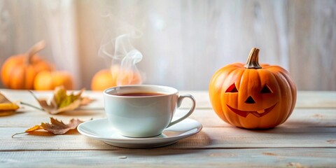 cup of tea with autumn leaves and halloween pumpkins on wooden table, autumn comfort concept
