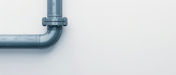 A close-up shot of a grey industrial pipe on a minimalist white wall, creating a stark and clean aesthetic.