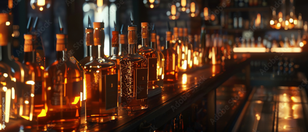 Aufkleber Warm lighting illuminates rows of whiskey bottles on a wooden bar counter, creating an inviting and cozy atmosphere inside a well-stocked bar.
