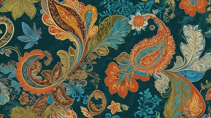 Paisley Batik Design with Flora and Fauna Elements, Combining Leaf, Flower and Animal Shapes in Patterns that Reflect Traditional Aesthetics and Natural Beauty