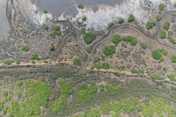 Amazing scenic grass landscape environment climate of river flow green field drone aerial top view
