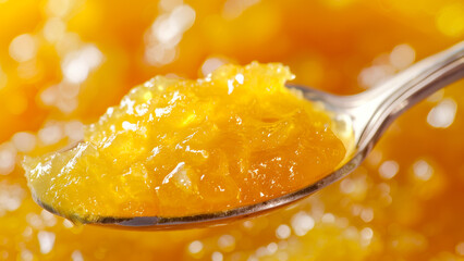 Tablespoon of pineapple jam. Single yellow jam. Pineapple jam. Orange preserves