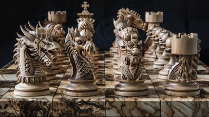 Fototapeta premium A wooden chess set with intricate dragon designs for each piece sits on a board with a marble finish