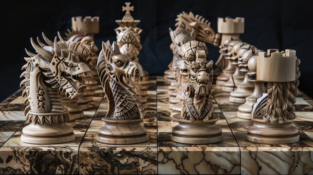 A wooden chess set with intricate dragon designs for each piece sits on a board with a marble finish