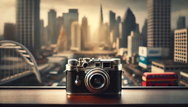 A vintage camera rests on a wooden surface with a bustling cityscape and iconic double-decker bus in the background.

