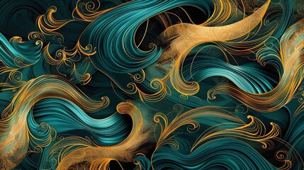 Abstract wallpaper in turquoise and gold with dynamic swirls and kimono inspiration