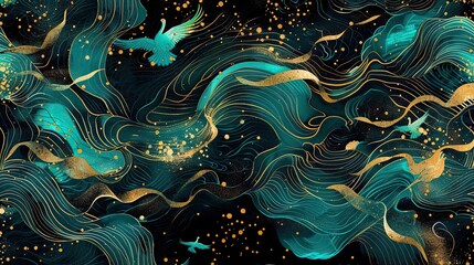 Obraz premium Abstract turquoise and black wallpaper with flowing patterns and crane inspiration