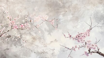 Gray and pastel pink wallpaper with hand-drawn plum blossoms and clouds