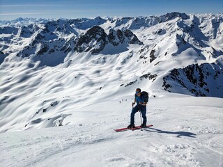 Ski mountaineering on the Schwarzhorn in the Davos Klosters Mountains. Fantastic ski tour above the...