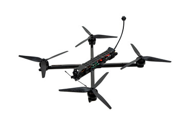 Modern FPV drone on a white back. Four-engine aircraft on the radio control. Drone for racing, filming and entertainment.