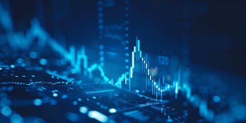 A business candlestick banner graph chart of stock market investment trading on blue digital background, bullish point ,upward trend, financial analytics concept of monochrome graph diagram like sky