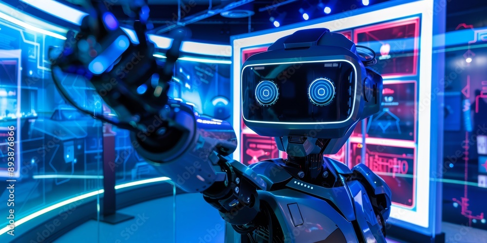 Poster a robot guiding players through an immersive virtual reality game.