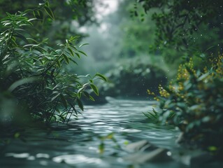 Fototapeta premium Rainfall over a clear stream in the wilderness, surrounded by green foliage and mist.