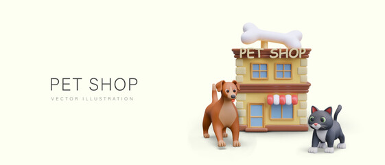 Advertisement of pet shop in cartoon style. 3D building with text sign, cute dog, cat