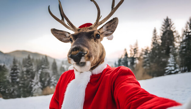rentier, claus, santa, kost&uuml;m, m&uuml;tze, macht, selfie, scheen, landschaft, portrait, close up, neu, spa&szlig;ig, Weihnachtsmann, weihnachten, christmas, karte, xmas, tier, copy space, surreal, bizarre, kunst