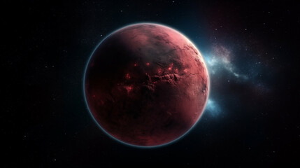 Obraz premium wideshot of reddish paradise planet in deep space, stars in background, a slight reddish blue glow on the planet, bright vibrant colors, bright, serious, ultrarealistic