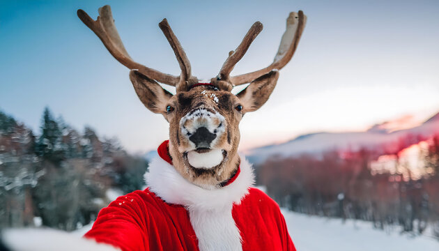 rentier, claus, santa, kost&uuml;m, m&uuml;tze, macht, selfie, scheen, landschaft, portrait, close up, neu, spa&szlig;ig, Weihnachtsmann, weihnachten, christmas, karte, xmas, tier, copy space, surreal, bizarre, kunst