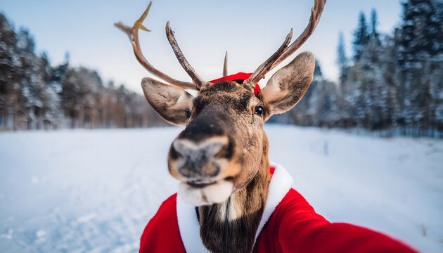 rentier, claus, santa, kost&uuml;m, m&uuml;tze, macht, selfie, scheen, landschaft, portrait, close up, neu, spa&szlig;ig, Weihnachtsmann, weihnachten, christmas, karte, xmas, tier, copy space, surreal, bizarre, kunst