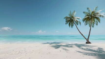 A peaceful beach with soft white sand, turquoise waters, and palm trees swaying in the breeze, high-resolution photo, realistic photo, cinematography, hyper realistic