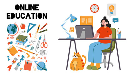 Distance education concept, woman studying from home using computer. Online School, tutorials and courses, e-learning. Trendy vector illustration, hand drawn, flat design