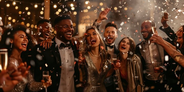 The festive gathering unites a diverse group of people, delighting in socializing, dancing, and laughter amid colorful confetti and lights, fostering a vibrant and joyous atmosphere