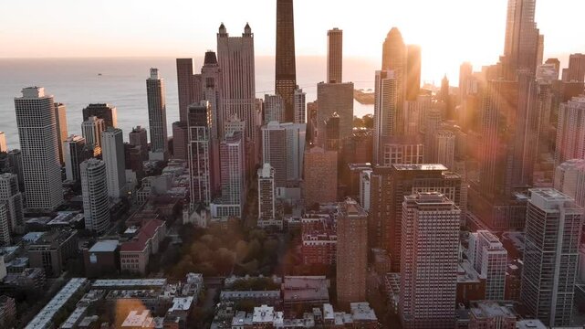 Aerial view of beautiful Chicago City in Illinois, Unites States of America at sunrise. Morning in Chicago