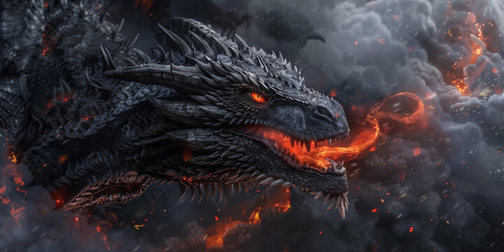 Big black dragon near the black castle wall, fire, top view, realism