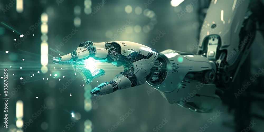 Aufkleber banner, a robot hand is reaching out to touch a glowing object. the image has a futuristic and techn